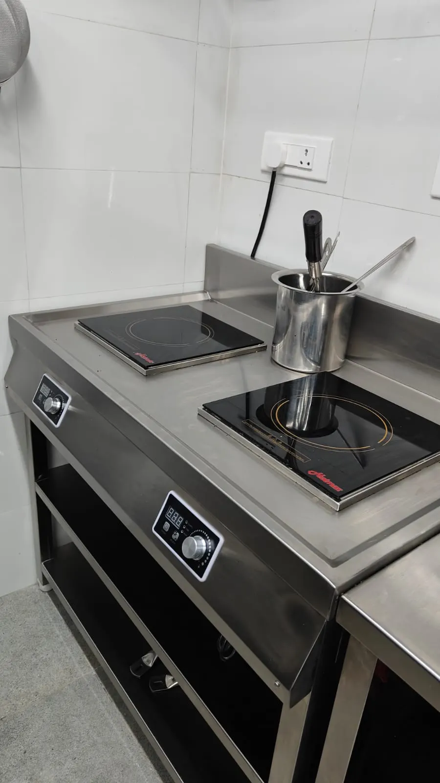 Commercial induction cooking station with stainless steel cabinet