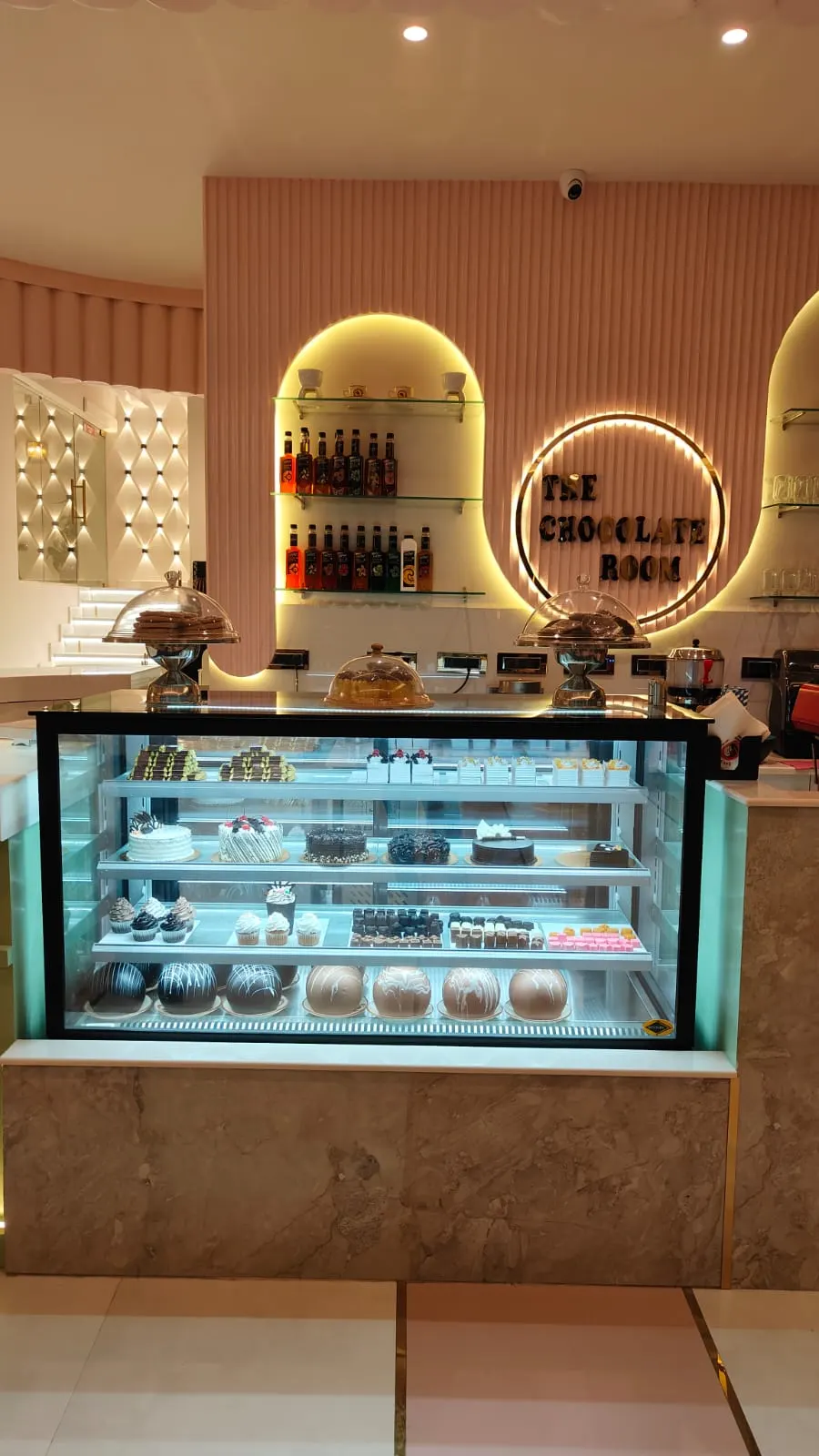 Refrigerated display counter at a chocolate shop