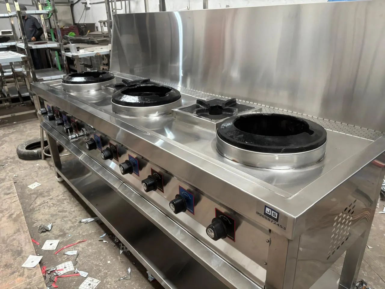 Three wok Chinese cooking range fabricated in-house
